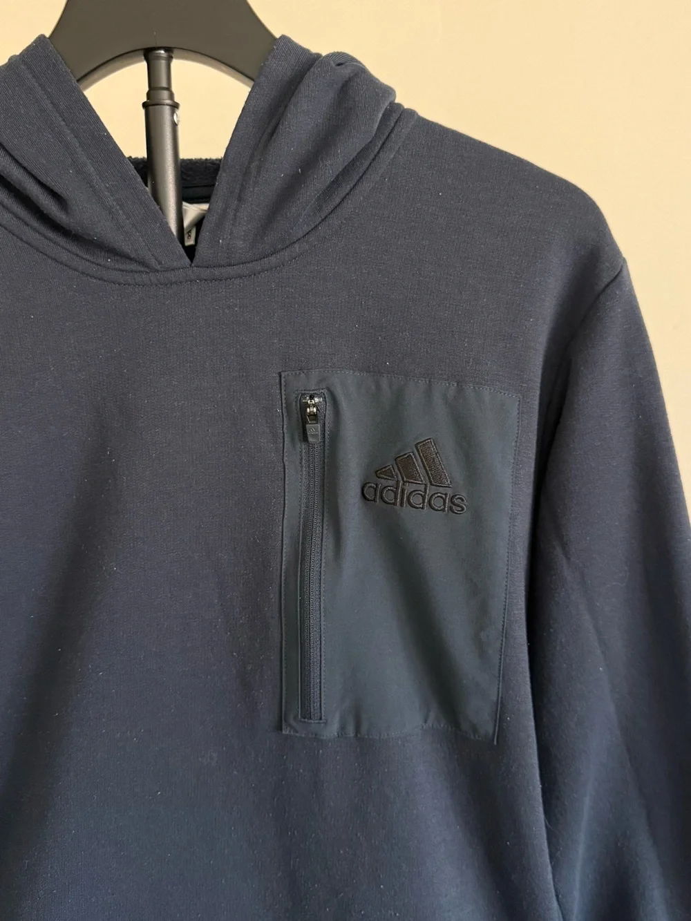 adidas Men's Blue Solid Fleece Pullover Hoodie Logo Zip Chest Pocket S